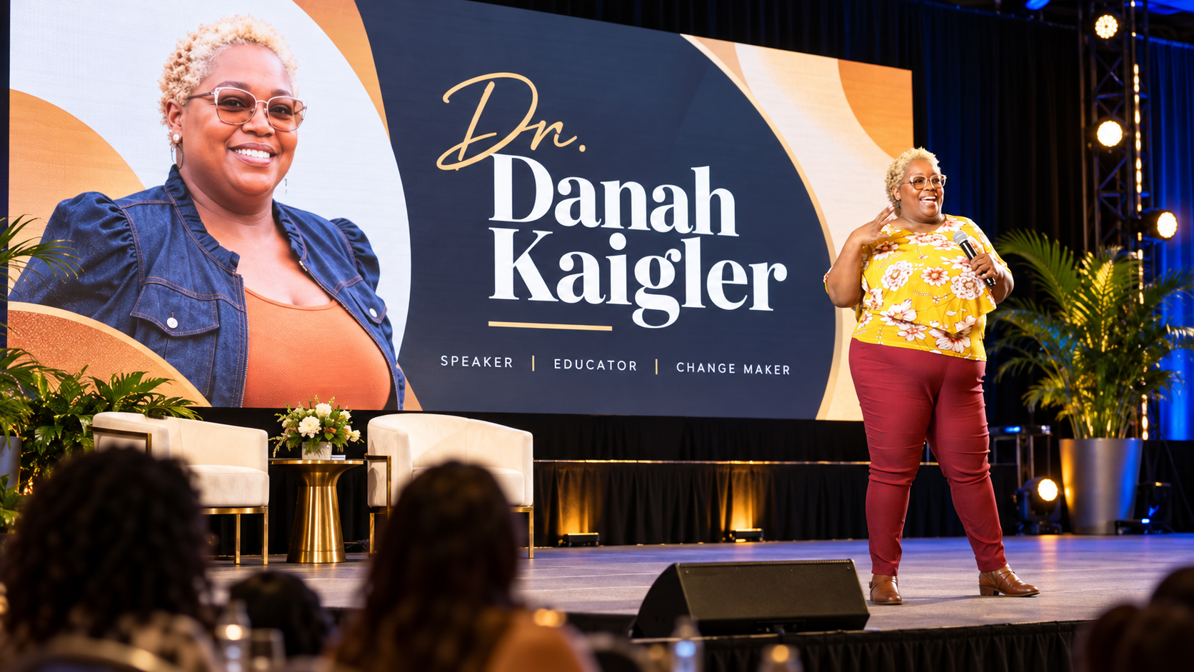 Dr. Danah Kaigler speaking on stage to a live audience